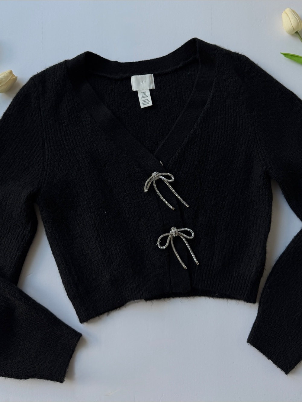 H&M Women's Black V-Neck Cropped Sweater with Bow Ties